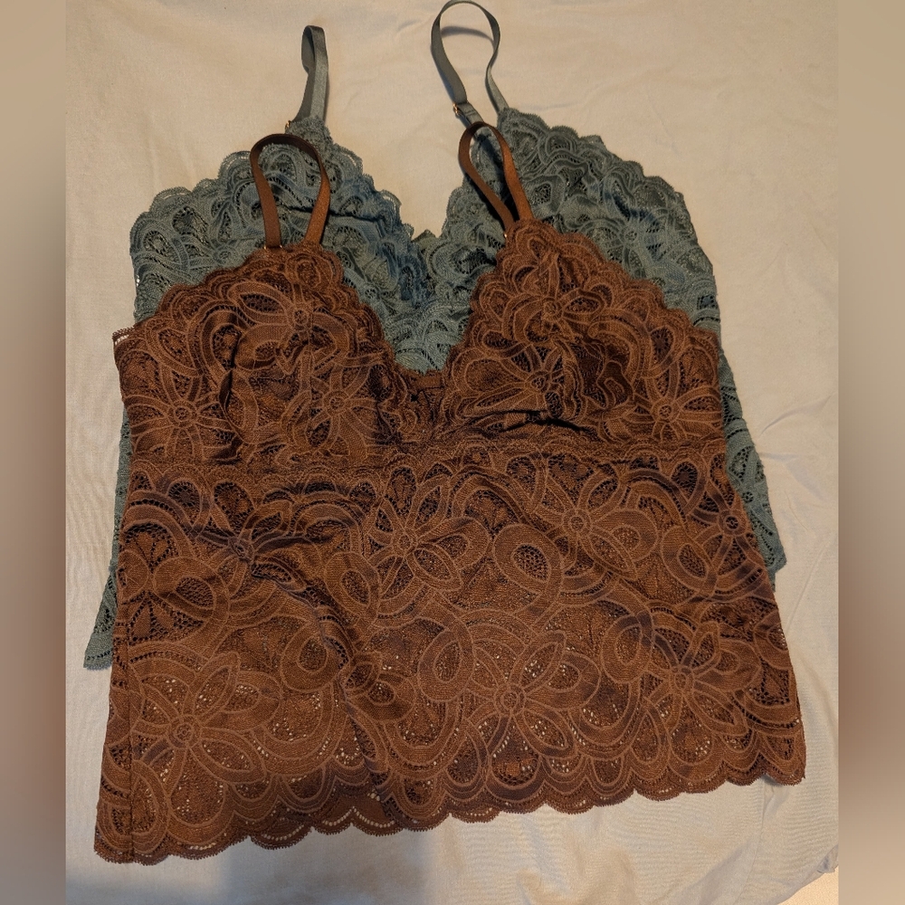 Aerie Brown and Green Lace Bralette Duo